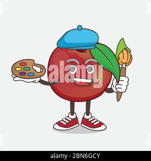 Eine Illustration von Nectarine Obst Cartoon Maskottchen Charakter Maler Stil mit Kunst Pinsel Stock Vektor