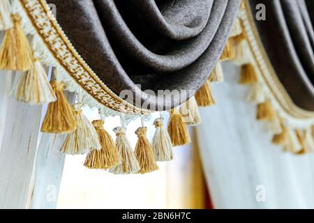 Detail der Theater Vorhang Besatz Textil Nahaufnahme Stockfoto