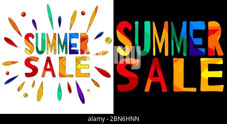 Sommer Sale - lustige Cartoon Inschrift und bunte Tropfen. Die Inschrift für Banner, Poster und Drucke auf Kleidung (T-Shirts). 2in1-Gerät einstellen. Stock Vektor