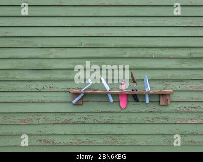 Gartengeräte auf Holzregal hängen an der grünen Wand aus bemalten Brettern. Bunt, Kunststoff Schaufeln, Spaten isoliert aus dem Hintergrund. Stockfoto