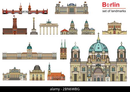 Bunte Vektor-Set von Wahrzeichen von Berlin, Deutschland in Linie Art-Stil. Flacher Vektor bunte Illustration von Sehenswürdigkeiten von Berlin Vorderansicht isoliert Stock Vektor