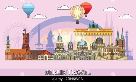 Bunte Vektor Skyline von Berlin, Deutschland im Line Art Stil. Flacher Vektor farbenfrohe Illustration der wichtigsten Wahrzeichen Berlins Frontansicht isoliert auf pi Stock Vektor