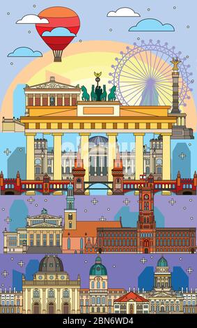 Bunte Vektor Skyline von Berlin, Deutschland im Line Art Stil. Vertikale Vektor-flache Darstellung der wichtigsten Sehenswürdigkeiten Berlins Vorderansicht. Vektorsymbol, b Stock Vektor