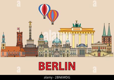 Bunte Vektor Skyline von Berlin, Deutschland im Line Art Stil. Flacher Vektor farbenfrohe Illustration der wichtigsten Wahrzeichen Berlins Frontansicht isoliert auf Be Stock Vektor