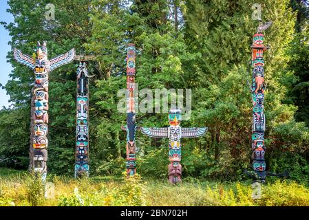 Stanley Park Totem Poles in Vancouver, British Columbia, Kanada Stockfoto