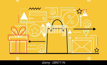 Kundendienst. Treueprogramm Artikel auf orangefarbenem Hintergrund, lineare Vektor-Illustration. Panorama Stock Vektor
