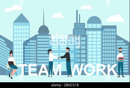 Teamwork-Konzept. Geschäftsleute, die in der Großstadt mit Wolkenkratzern zusammenarbeiten, Vektorgrafik im flachen Stil Stock Vektor