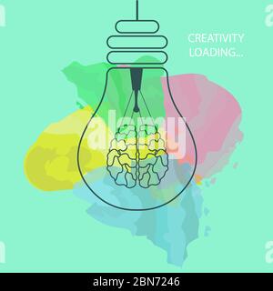 Kreatives Denken. Glühbirne mit Gehirn als Wolframdraht auf farbigen Hintergrund, dünne Linie Vektor-Illustration Stock Vektor