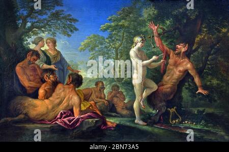 Apollo Skinning Marsyas - Apollo Floying Marsyas von Filippo LAURI Rom, 1623 - Rom, 1694, Italienisch, Italien. (Das mythologische Thema wird insbesondere in Ovids Metamorphosen (VI, 382-400) erzählt: Gewinner eines musikalischen Wettbewerbs, der ihm gegenüber dem Satyr Marsyas, Erfinder der Flöte mit zwei Pfeifen, Apollo gewann das Gesetz der Haut. ) Stockfoto