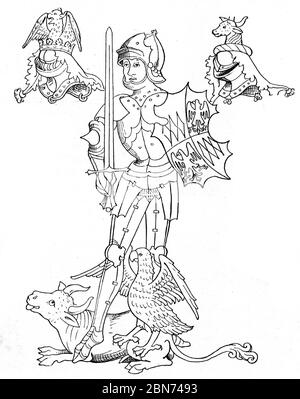 Warwick the King Maker, c1483-84. Von John Rous (d1492). Richard Neville, 16. Earl of Warwick (1428-1471), bekannt als Warwick the Kingmaker. Neville war ein englischer Adliger, Administrator und Militärkommandeur. Neville ist in William Shakespeares Henry VI, Parts 2 und 3 zu finden. Aus The Rous Roll von John Rous (d1492). Stockfoto