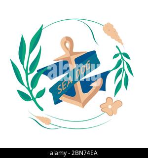 Anker mit Band Sommer Ocean Love Meer navy Print mit Blumen und Blätter Rahmen Kranz. Hand gezeichnet Vektor-Grafik Liebe Meer Anker. Künstlerisches Meer Stock Vektor