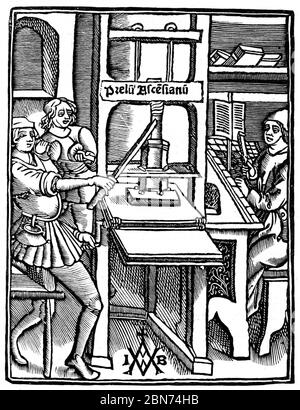 Druckmaschine, 1511. Von der Titelseite von 'Hegesippus'. Gedruckt bei Jodocus badius (1462-1535), Paris, 1511. Stockfoto
