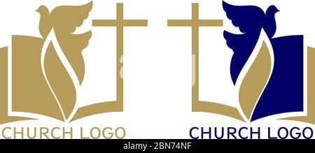 Kirche Logo, Symbol des Christentums, das Kreuz, Taube und das Evangelium, Schrift, Vektor-Illustration. Stock Vektor