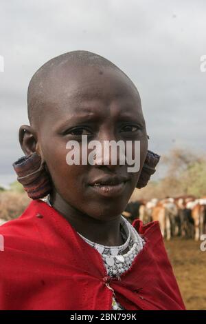 Porträt einer Maasai-Frau. Maasai ist eine ethnische Gruppe von halbnomadischen Menschen. Fotografiert in Tansania Stockfoto