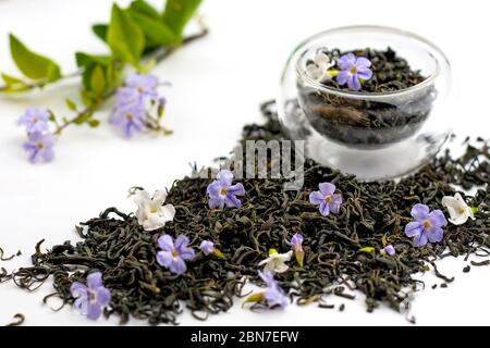 Trockene grüne Teekräuter mit Blüten auf weißem Hintergrund. Stockfoto