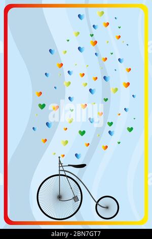 Retro Fahrrad mit Herzen in Regenbogenfarben auf transluzenten Wellen - handgezeichnete Vektorgrafik Stockfoto