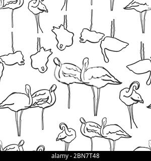 Doodle einfache Umriss Flamingo Sommer Muster. Handgezeichneter Flamingo Vogel mit Reflektion auf weißem Hintergrund. Elegante einfache Sommer-Kulisse. Stock Vektor