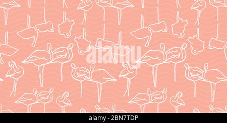 Doodle Grafik Umriss Flamingo Sommer Muster. Handgezeichneter Flamingo Vogel mit Reflexion auf rosa welligem Hintergrund. Elegante einfache Sommer-Kulisse. Stock Vektor