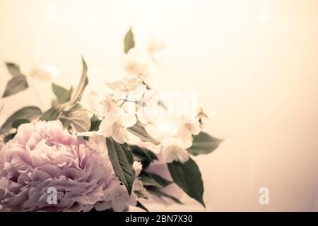 Frühlingsblumen Hintergrund im Vintage-Filter, mit Pfingstrose (paeonia) und Mock-Orange (philadelphus). BW Bouquet Nahaufnahme Tapete mit Kopie Raum auf Rig Stockfoto