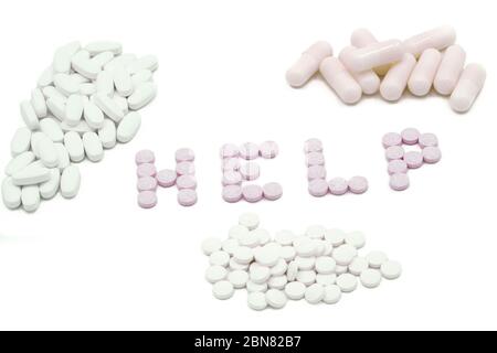 Viele verschiedene Medikamente Medikamente, Pillen, Tabletten, Kapseln- Weißer Hintergrund Stockfoto