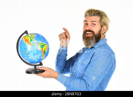Agiles Geschäft. Zurück zur Schule. Reife geographische Lehrer. Reisen und Urlaub. Weltweites Netzwerk. Vertreten globale Technologien. Speichern Sie den Planeten. Mann mit Globus. Tag der Erde. Wählen Sie Ziel. Stockfoto