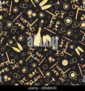 Champagner-Symbole Geschäft Öffnung Vektor nahtlose Muster Hintergrund. Text, sprudelnde Blasen, Gläser, Flaschen schwarz Gold Hintergrund. Elegant funkelnd Stock Vektor