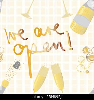 Champagner-Symbole Geschäft Öffnung Vektor nahtlose Muster Hintergrund. Text, sprudelnde Blasen, Gläser, Flaschen Gold Gingham Hintergrund. Sekt Stock Vektor