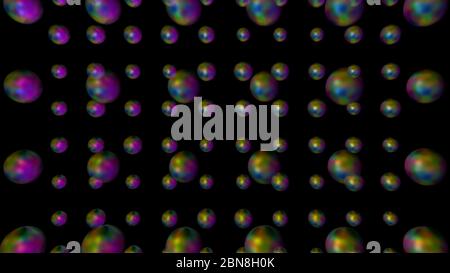 3D-Illustration nahtlose Muster Hintergrund. Gemischte Farben Kugeln oder Partikel auf schwarzem Grund. Stockfoto