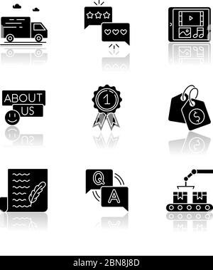 Social Media Präsenz Drop Schatten schwarz Glyph Symbole gesetzt Stock Vektor