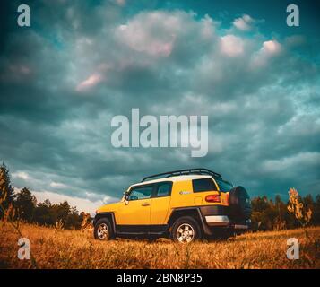 Minsk Region Belarus -10. August 2014: Gelbe toyota fj Cruiser xtreme Auto auf einem natürlichen Landschaftshintergrund. Stockfoto