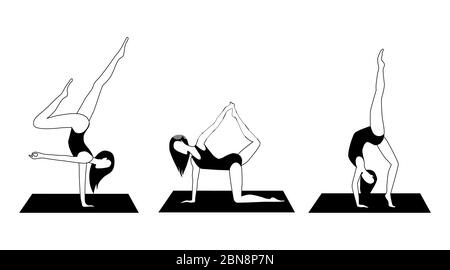 Silhouetten Für Yoga-Aktivitäten. Frauen, die Yoga machen. Verschiedene Asanas. Schwarz-Weiß einfache Stil Vektor-Illustration. Verschiedene Yoga-Posen Stock Vektor