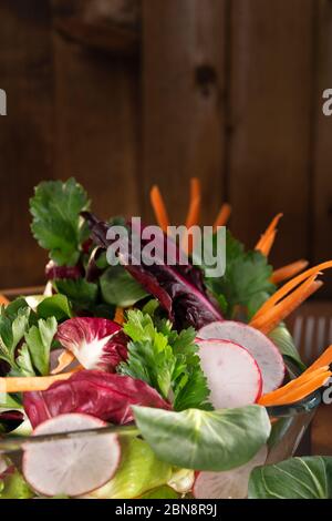 Gemüsesalat mit Olivenöl-Dressing auf rustikalem braunen Holzhintergrund mischen. Lila und grüner Salat, Petersilie, Karotten, Rettich, Spinat Stockfoto