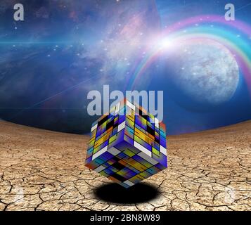 Kunstwürfel in surrealer Landschaft Stockfoto