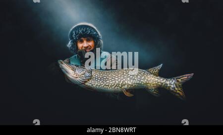 Glücklicher Angler hält eine Trophäe Hecht in seinen Händen. Stockfoto