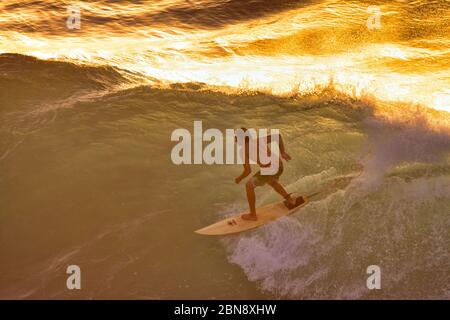 Unerkennbarer Surfer, der eine letzte Welle des Tages auf Maui reitet. Stockfoto