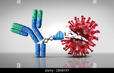 Antikörper gegen Viren und Immunoglobulin Konzept als Antikörper gegen ansteckende virale Zellen und Krankheitserreger. Stockfoto