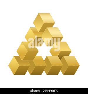 Optische Täuschung, unmögliche Figur mit goldenen Würfeln. Reutersvard Illusion - Illustration auf weißem Hintergrund. Stockfoto