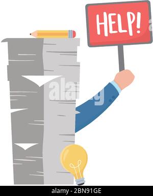 Stress bei der Arbeit, Hand halten Hilfe Plakat Stapel von Papieren und Haftnotizen Vektor-Illustration Stock Vektor