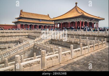 Halle der mittleren Harmonie und Halle der Erhaltung der Harmonie, Verbotene Stadt, Peking Stockfoto