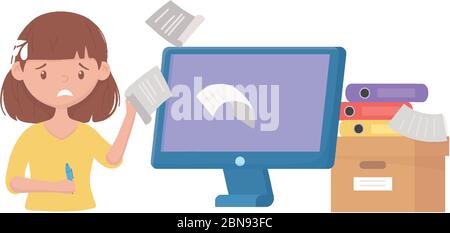Stress bei der Arbeit, weibliche Arbeiter im Büro mit Papier Computer und Box Bindemittel Vektor-Illustration Stock Vektor