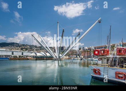 Blick auf Bigo, ein skulpturaler, Kran-inspirierter Lift, der kurze Fahrten mit Panoramablick auf den Hafen im Alten Hafen von Geno, Ligurien, Italien bietet Stockfoto