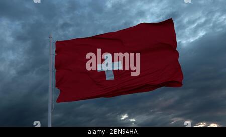 Realistische Flagge der Schweiz winkt im Wind gegen tiefen, stürmischen Himmel. 3d-Darstellung Stockfoto