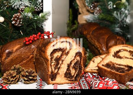 Nahaufnahme von hausgemachten traditionellen rumänischen süßen Brot namens "cosonac", mit Kakao, Rosinen, verschiedenen Nüssen und Schokolade Chips, bereit zum Essen Stockfoto