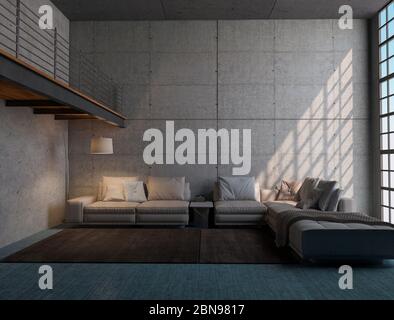 Interieur, modernes Wohnzimmer mit einem großen Sofa und einer Lampe. Großes Fenster, das das zweistöckige Loft beleuchtet. Große Betonwände. 3d-Rendern Stockfoto