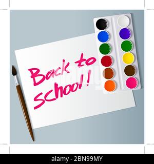 Aquarellfarben in Schachtel mit Pinsel. Inschrift auf dem Papier. Zurück zur Schule. Vektor Stock Vektor