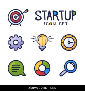 Hand gezeichnet Cartoon Start Up oder Business Related Vector Doodle Icons Set. Enthält Symbole wie Bulb, Target, Chart und mehr. Stock Vektor