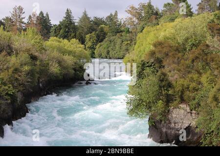 Atemberaubende Huka Falls des Waikato River im Taupo District in der Waikato Region auf der Nordinsel in Neuseeland. Der massive, kraftvolle Wasserfall ist surro Stockfoto