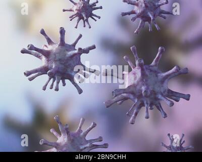 Coronavirus Covid-19 Viruszelle Infektion verursacht pneumatische Krankheit. Pneumonie Viren, SARS, Grippe, Zelle infizieren Organismus. Mikroskopische Ansicht des Schwimmenden Stockfoto