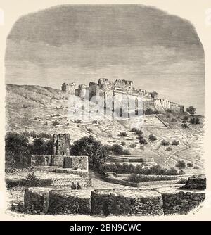 Krac des Chevaliers. Kreuzritterfestung bei Qal'at al-Hosn, traditionelles Tor zwischen Syrien und dem Mittelmeer. Syrien, Syrien, Arabische Republik. Naher Osten, Alte 19. Jahrhundert Gravur Illustration, Le Tour du Monde 1863 Stockfoto