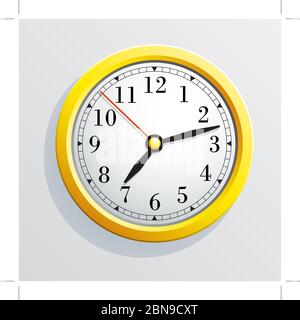 Klassische runde Wanduhr mit Pfeilen. Gelbes Gehäuse. Vektor . Stock Vektor